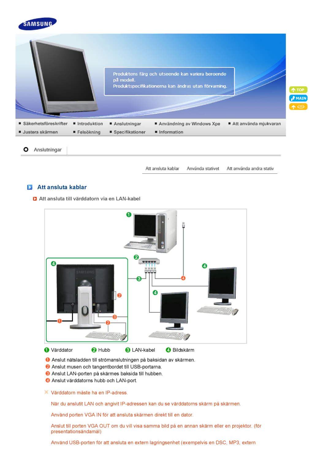 Samsung LF17TPTLSN/EDC, LF19TPTLSM/EDC, LH40MGPLBC/EN manual Att ansluta kablar, Att ansluta till värddatorn via en LAN-kabel 