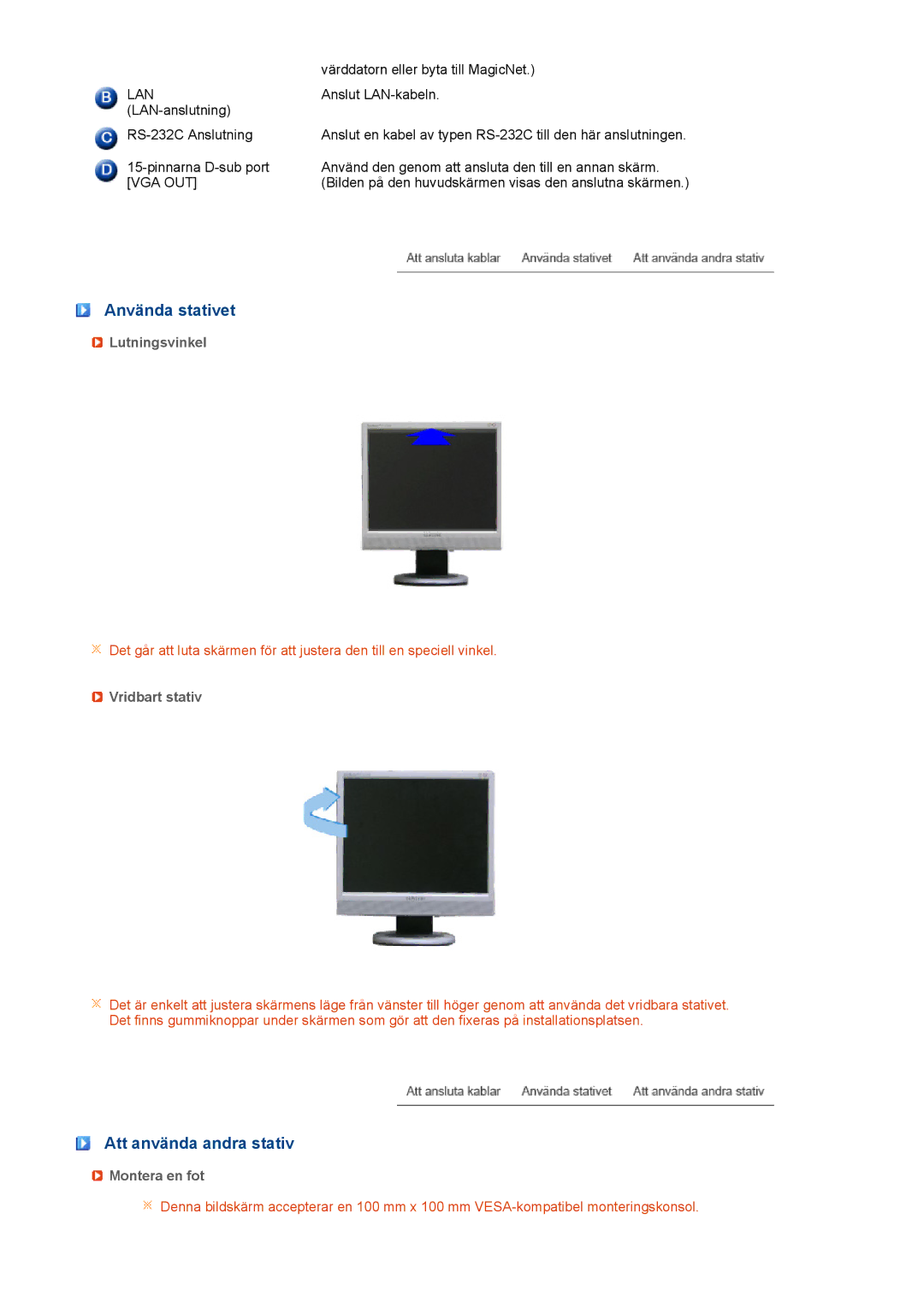 Samsung LH40MGPLBC/EN manual Använda stativet, Att använda andra stativ, Lutningsvinkel, Vridbart stativ, Montera en fot 