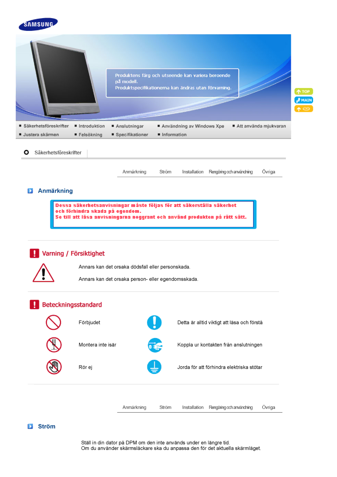 Samsung LF17TPTLSN/EDC, LF19TPTLSM/EDC, LH40MGPLBC/EN manual Anmärkning, Ström 