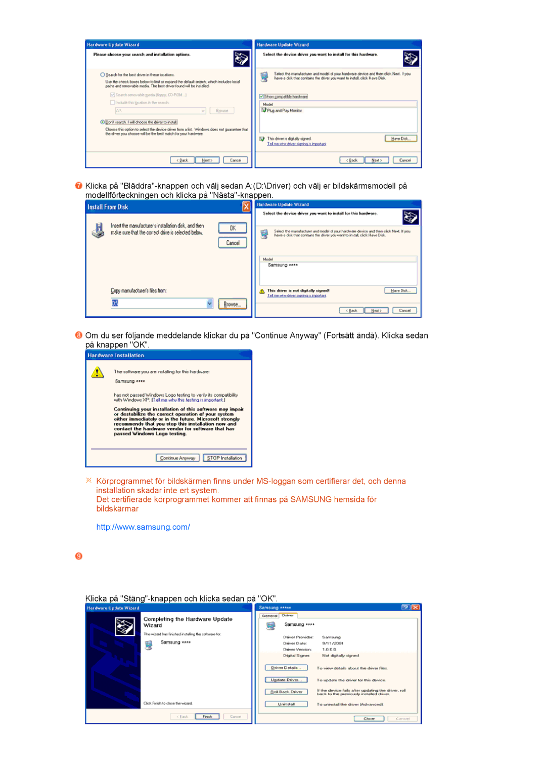 Samsung LH40MGPLBC/EN, LF19TPTLSM/EDC, LF17TPTLSN/EDC manual Klicka på Stäng-knappen och klicka sedan på OK 