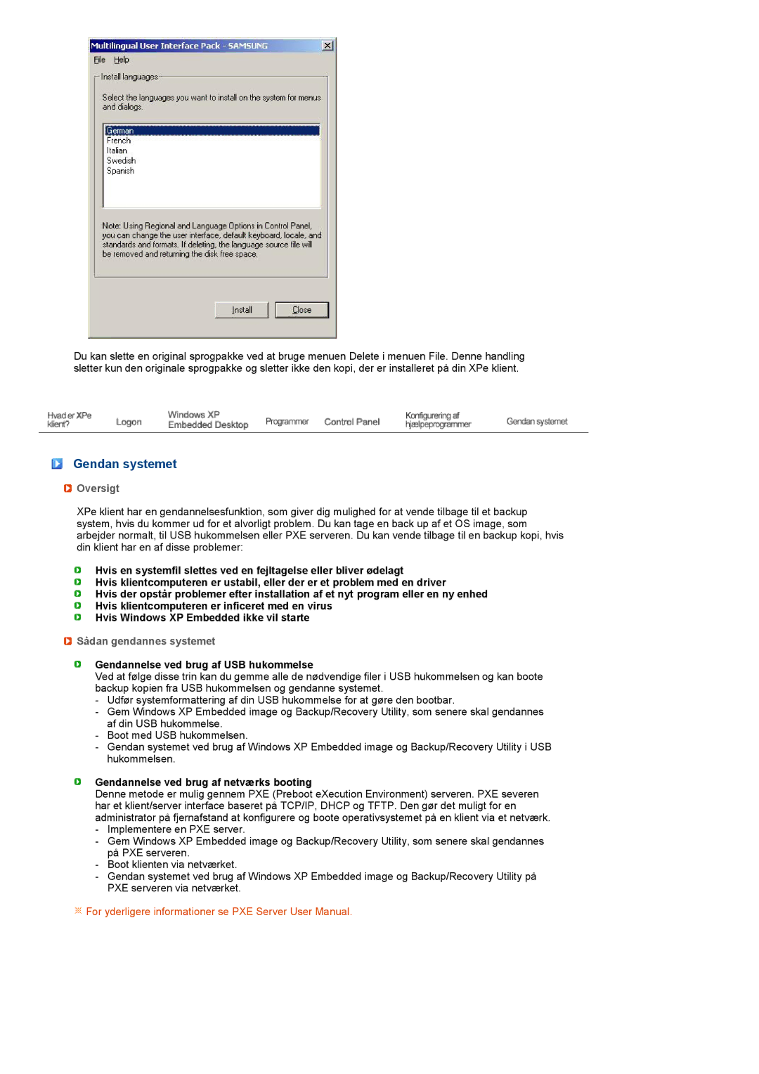 Samsung LF17TPTLSN/EDC manual Gendan systemet, Oversigt, Sådan gendannes systemet, Gendannelse ved brug af USB hukommelse 