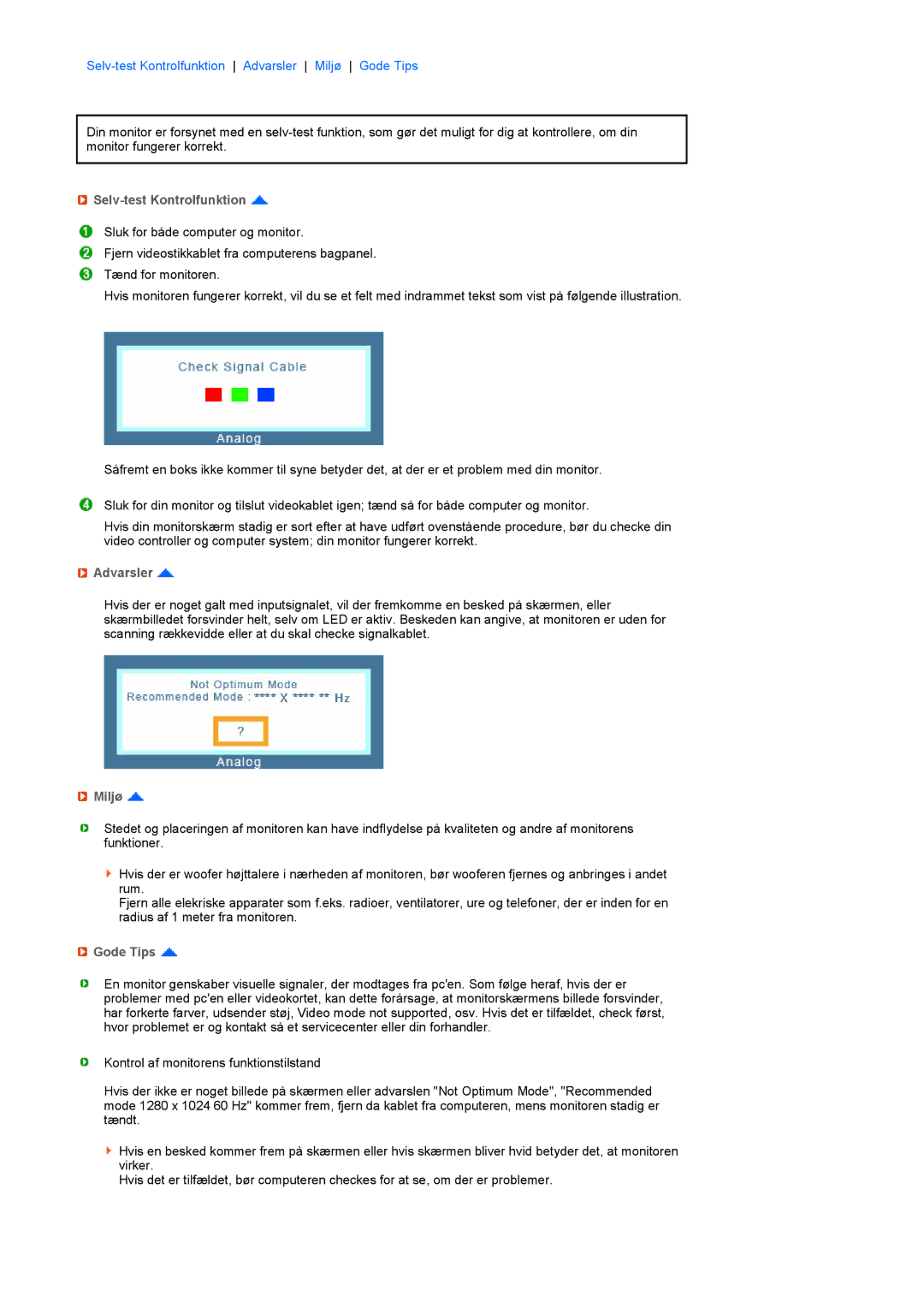 Samsung LF17TPTLSN/EDC, LF19TPTLSM/EDC, LH40MGPLBC/EN manual Selv-test Kontrolfunktion, Advarsler, Miljø, Gode Tips 