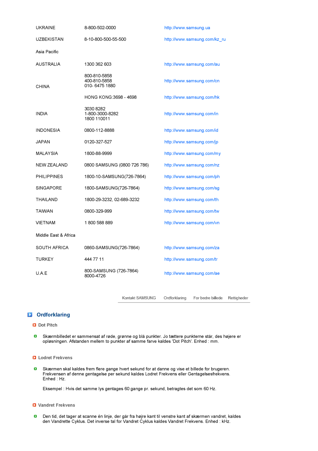 Samsung LH40MGPLBC/EN, LF19TPTLSM/EDC, LF17TPTLSN/EDC manual Ordforklaring, Dot Pitch, Lodret Frekvens, Vandret Frekvens 