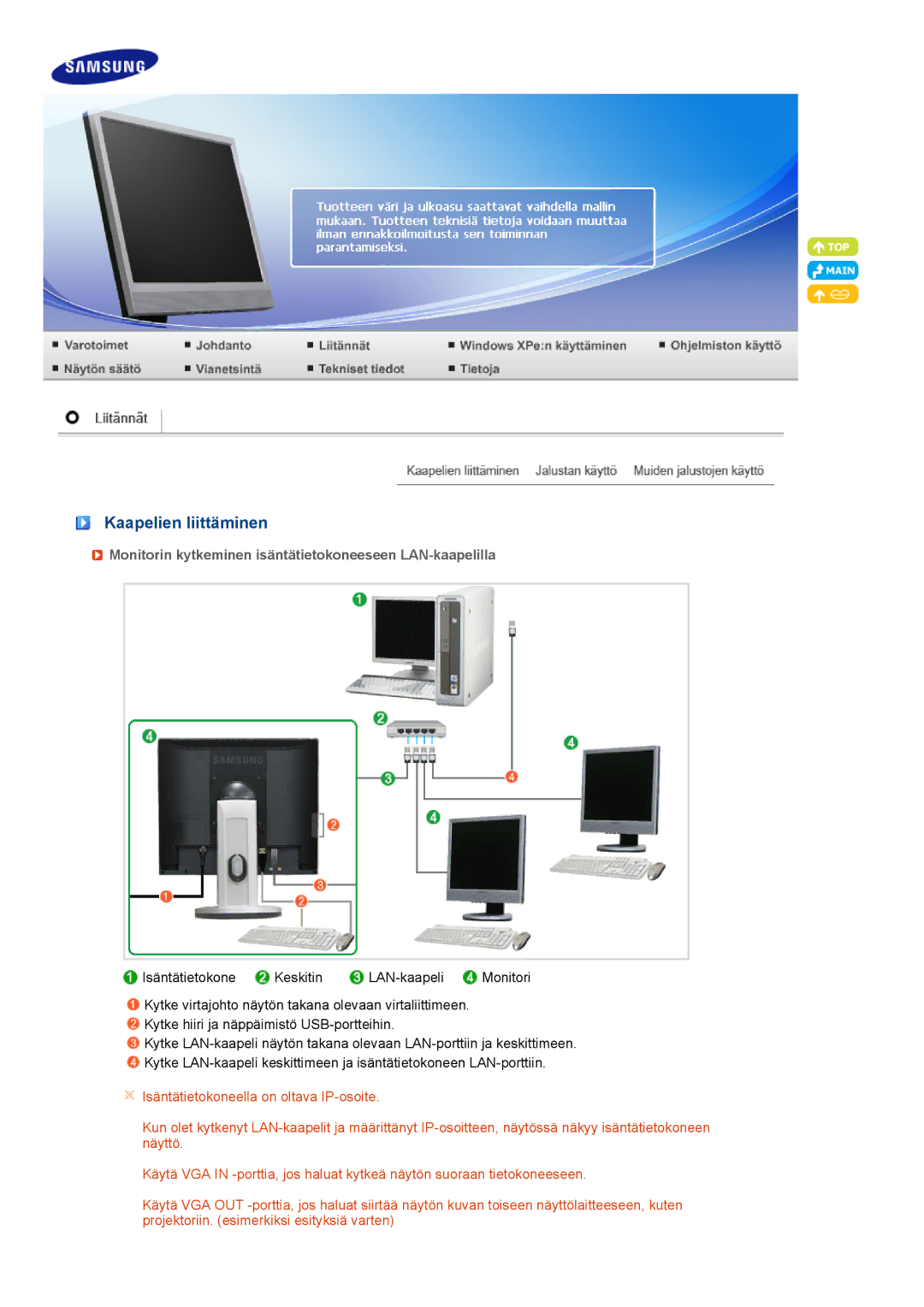 Samsung LF17TPTLSN/EDC, LF19TPTLSM/EDC Kaapelien liittäminen, Monitorin kytkeminen isäntätietokoneeseen LAN-kaapelilla 