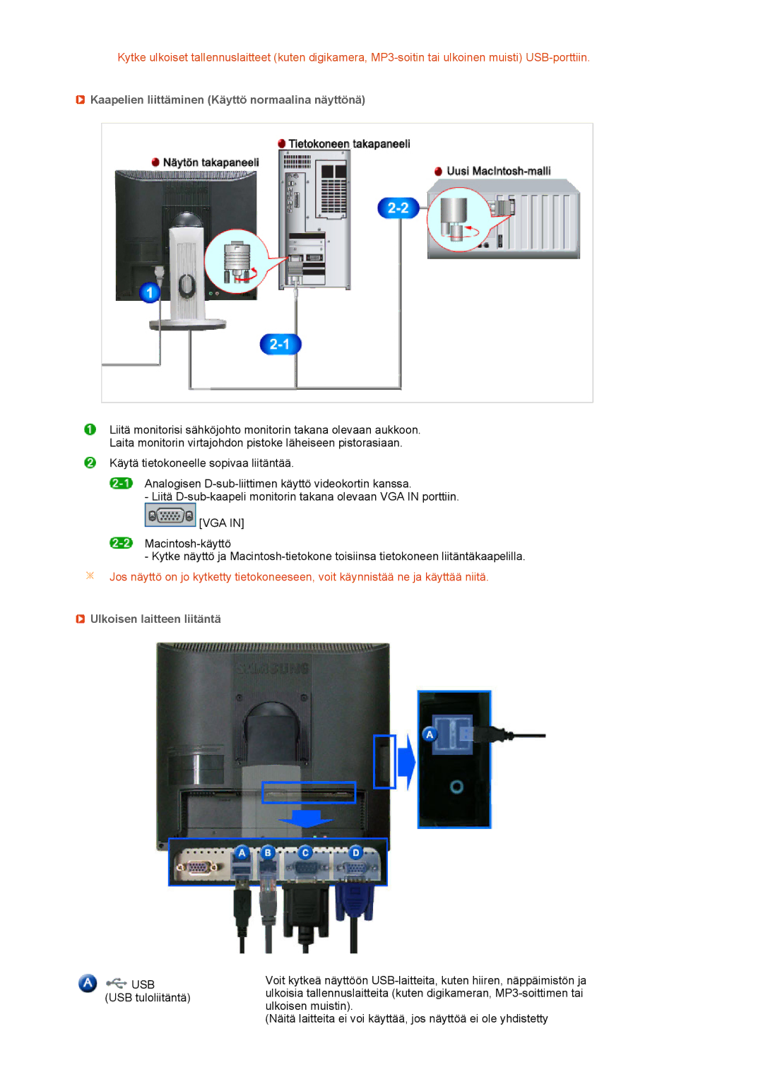 Samsung LF19TPTLSM/EDC, LH40MGPLBC/EN manual Kaapelien liittäminen Käyttö normaalina näyttönä, Ulkoisen laitteen liitäntä 