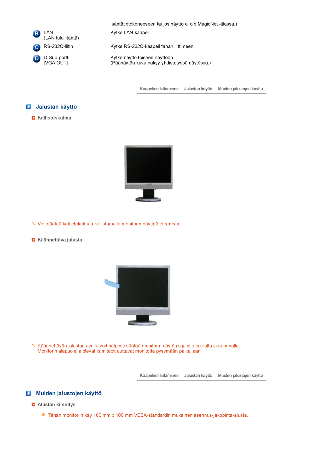 Samsung LH40MGPLBC/EN Jalustan käyttö, Muiden jalustojen käyttö, Kallistuskulma, Käännettävä jalusta, Alustan kiinnitys 