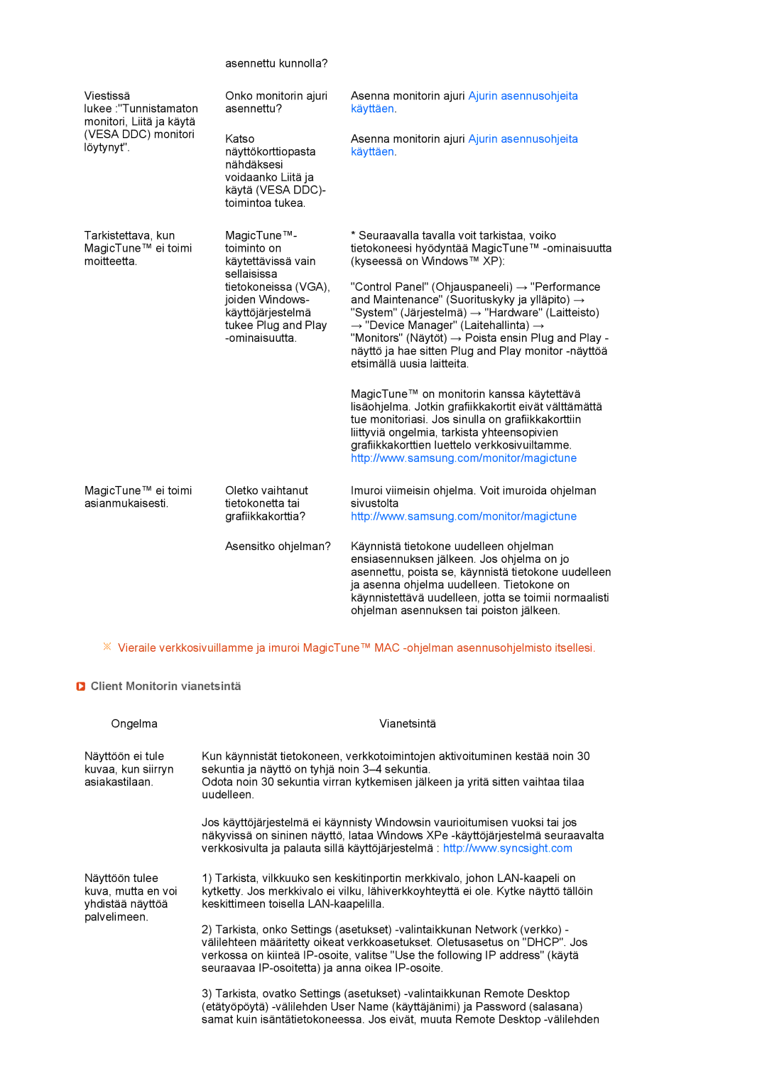 Samsung LF17TPTLSN/EDC, LF19TPTLSM/EDC, LH40MGPLBC/EN manual Käyttäen, Client Monitorin vianetsintä 