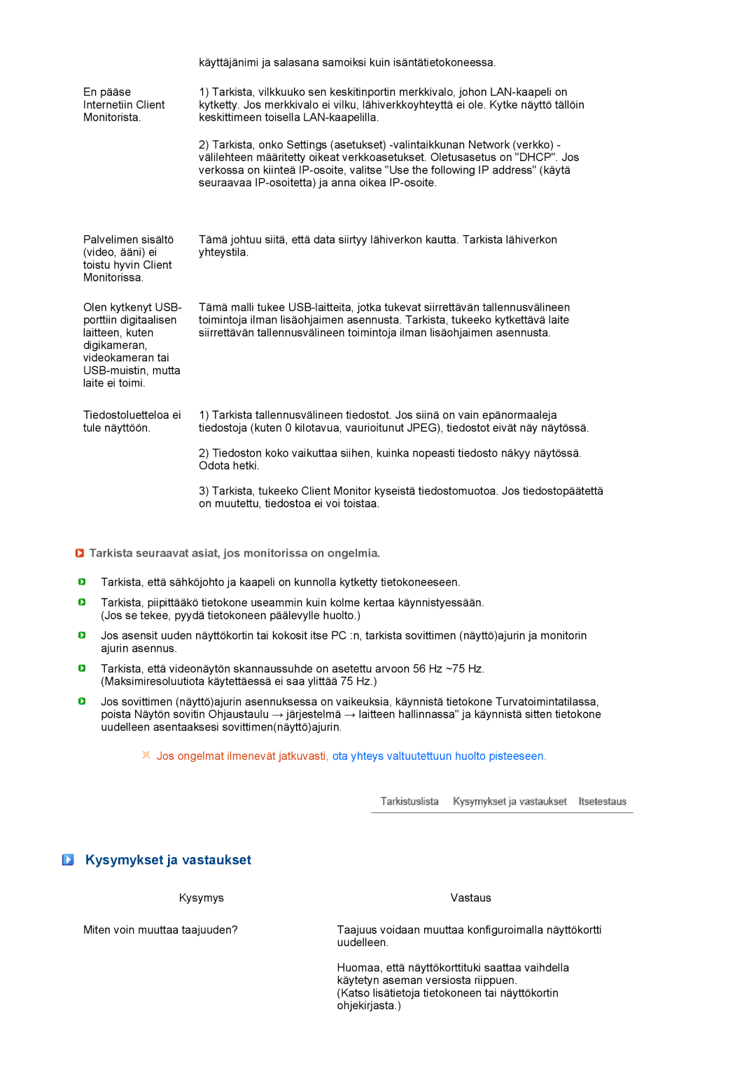 Samsung LF19TPTLSM/EDC, LH40MGPLBC/EN manual Kysymykset ja vastaukset, Tarkista seuraavat asiat, jos monitorissa on ongelmia 