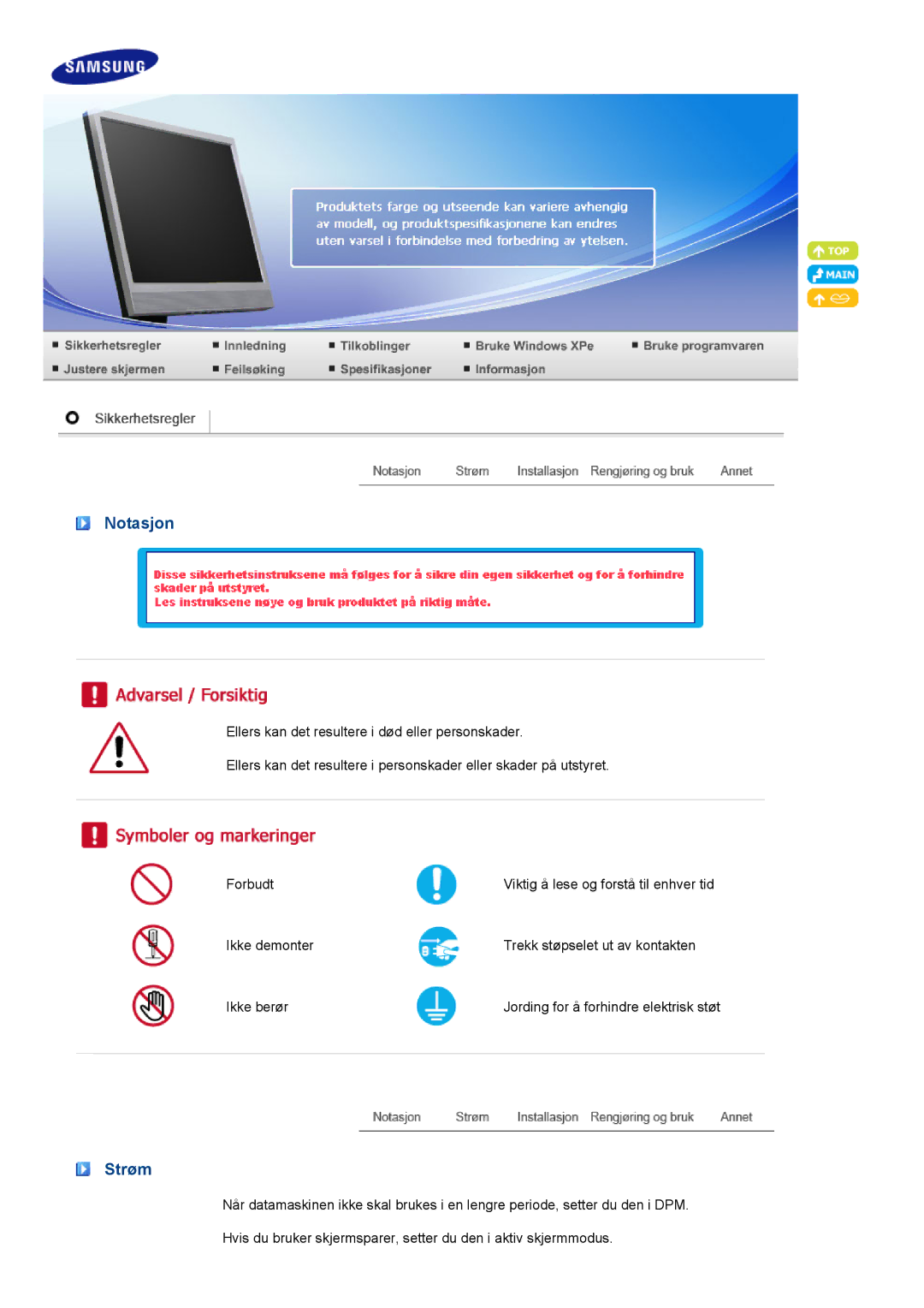 Samsung LF17TPTLSN/EDC, LF19TPTLSM/EDC, LH40MGPLBC/EN manual Notasjon, Strøm 