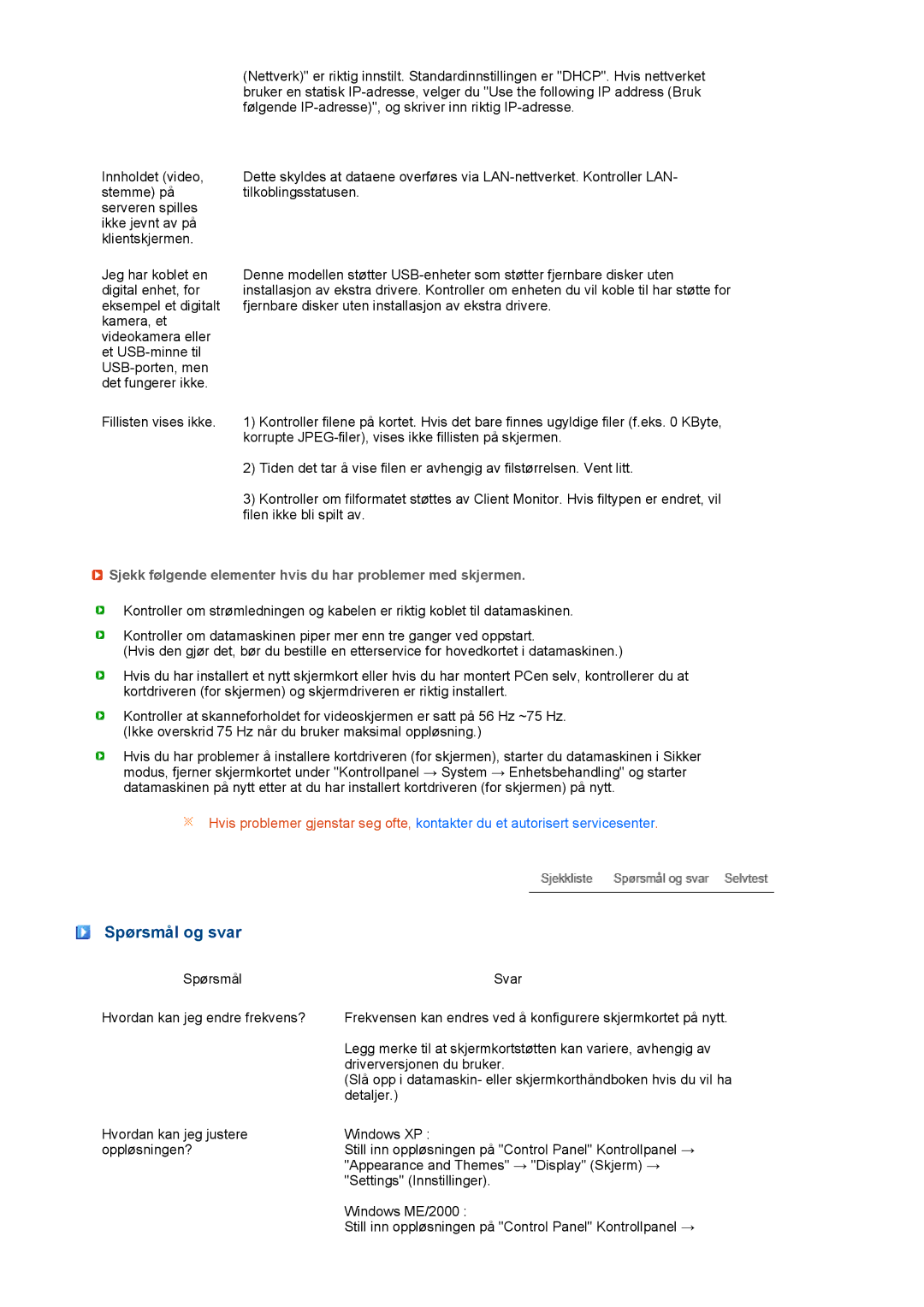 Samsung LF17TPTLSN/EDC, LF19TPTLSM/EDC manual Spørsmål og svar, Sjekk følgende elementer hvis du har problemer med skjermen 