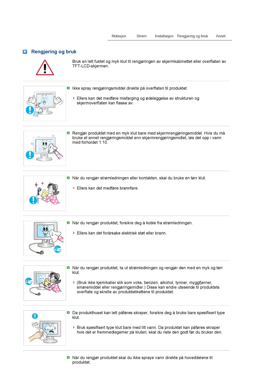 Samsung LF19TPTLSM/EDC, LH40MGPLBC/EN, LF17TPTLSN/EDC manual Rengjøring og bruk 