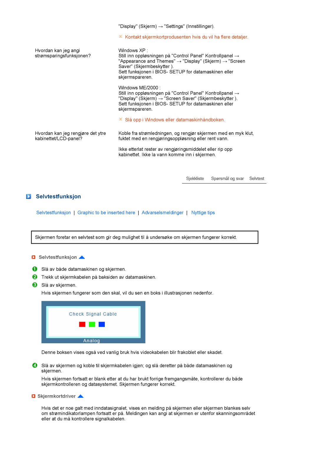 Samsung LF19TPTLSM/EDC, LH40MGPLBC/EN, LF17TPTLSN/EDC manual Selvtestfunksjon, Skjermkortdriver 