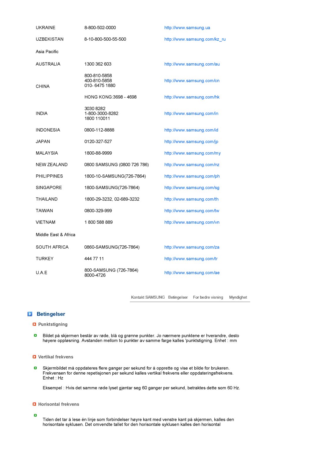 Samsung LF19TPTLSM/EDC, LH40MGPLBC/EN, LF17TPTLSN/EDC manual Betingelser 