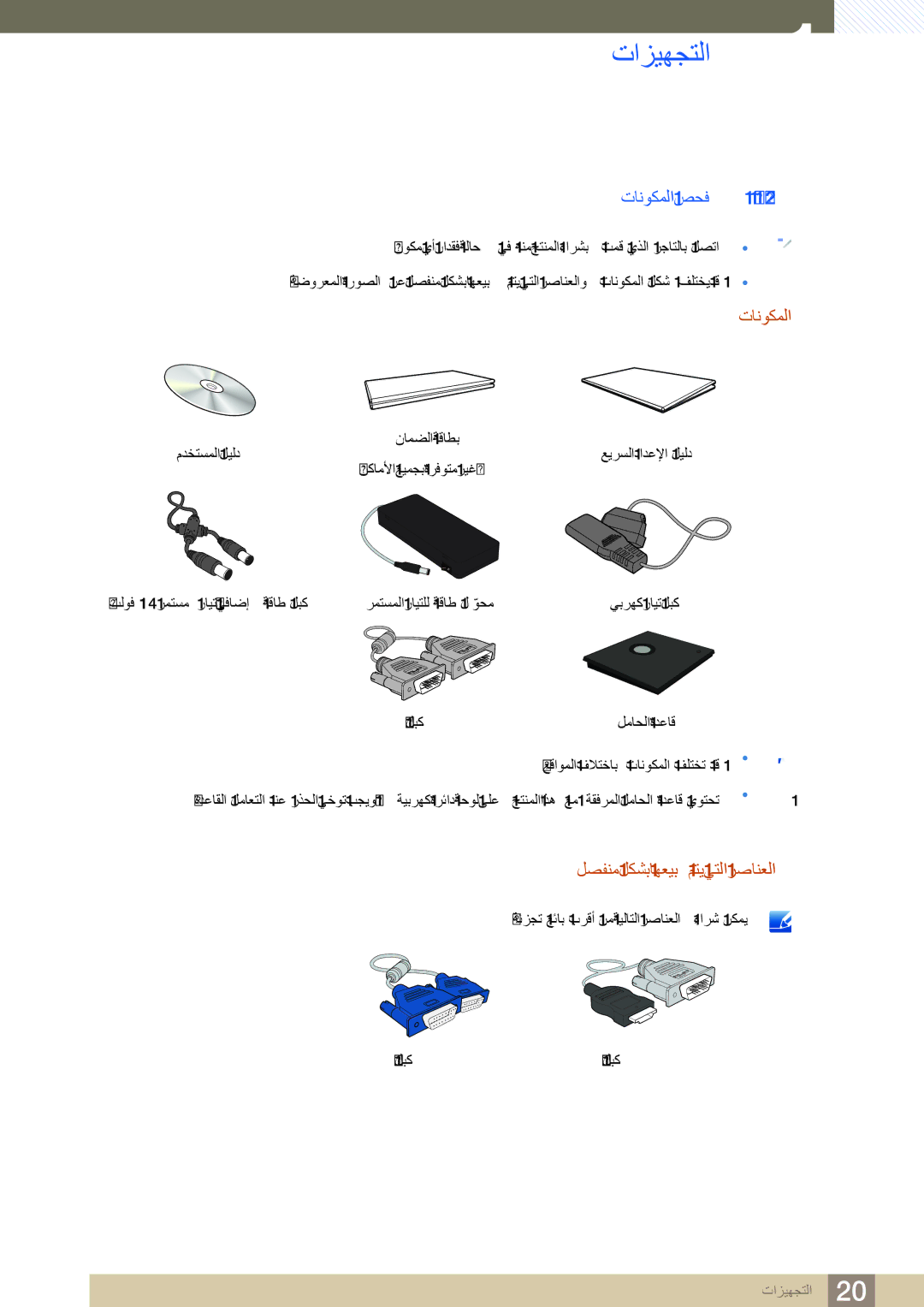 Samsung LF19TSCTBAN/EN, LF24TSCTBAN/EN, LF22TSCTBAN/EN, LF19TSCTBAN/NG manual ﺕﺎﻧﻮﻜﻤﻟﺍ ﺺﺤﻓ, ﻞﺼﻔﻨﻣ ﻞﻜﺸﺑ ﺎﻬﻌﻴﺑ ﻢﺘﻳ ﻲﺘﻟﺍ ﺮﺻﺎﻨﻌﻟﺍ 