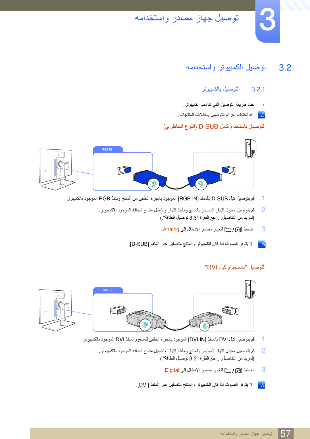 Samsung LF22TSCTBAN/EN manual ﻪﻣﺍﺪﺨﺘﺳﺍﻭ ﺭﺪﺼﻣ ﺯﺎﻬﺟ ﻞﻴﺻﻮﺗ, ﺮﺗﻮﻴﺒﻤﻜﻟﺎﺑ ﻞﻴﺻﻮﺘﻟﺍ, ﻱﺮﻇﺎﻨﺘﻟﺍ ﻉﻮﻨﻟﺍ D-Sub ﻞﺑﺎﻛ ﻡﺍﺪﺨﺘﺳﺎﺑ ﻞﻴﺻﻮﺘﻟﺍ 