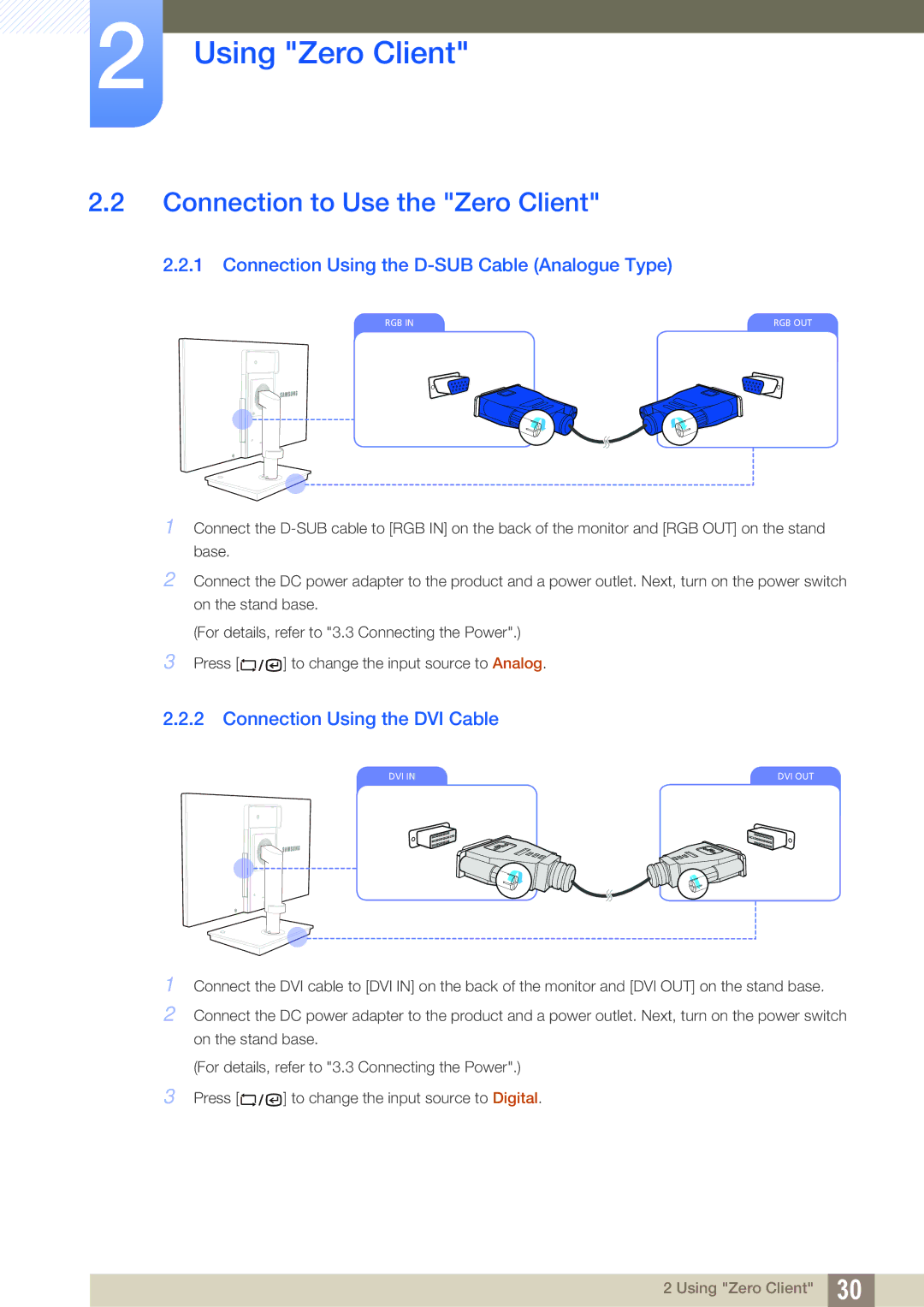 Samsung LF22TSCTBAN/EN, LF19TSCTBAN/EN Connection to Use the Zero Client, Connection Using the D-SUB Cable Analogue Type 