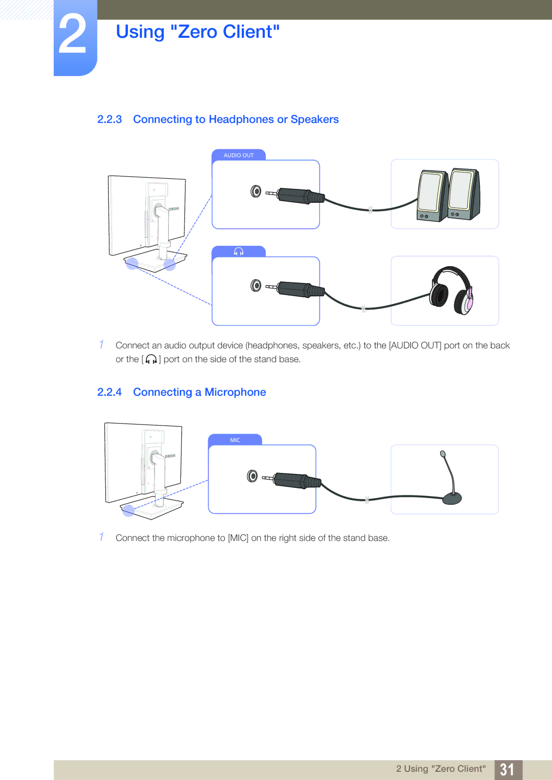 Samsung LF19TSCTBAN/XJ, LF19TSCTBAN/EN, LF24TSCTBAN/EN manual Connecting to Headphones or Speakers, Connecting a Microphone 