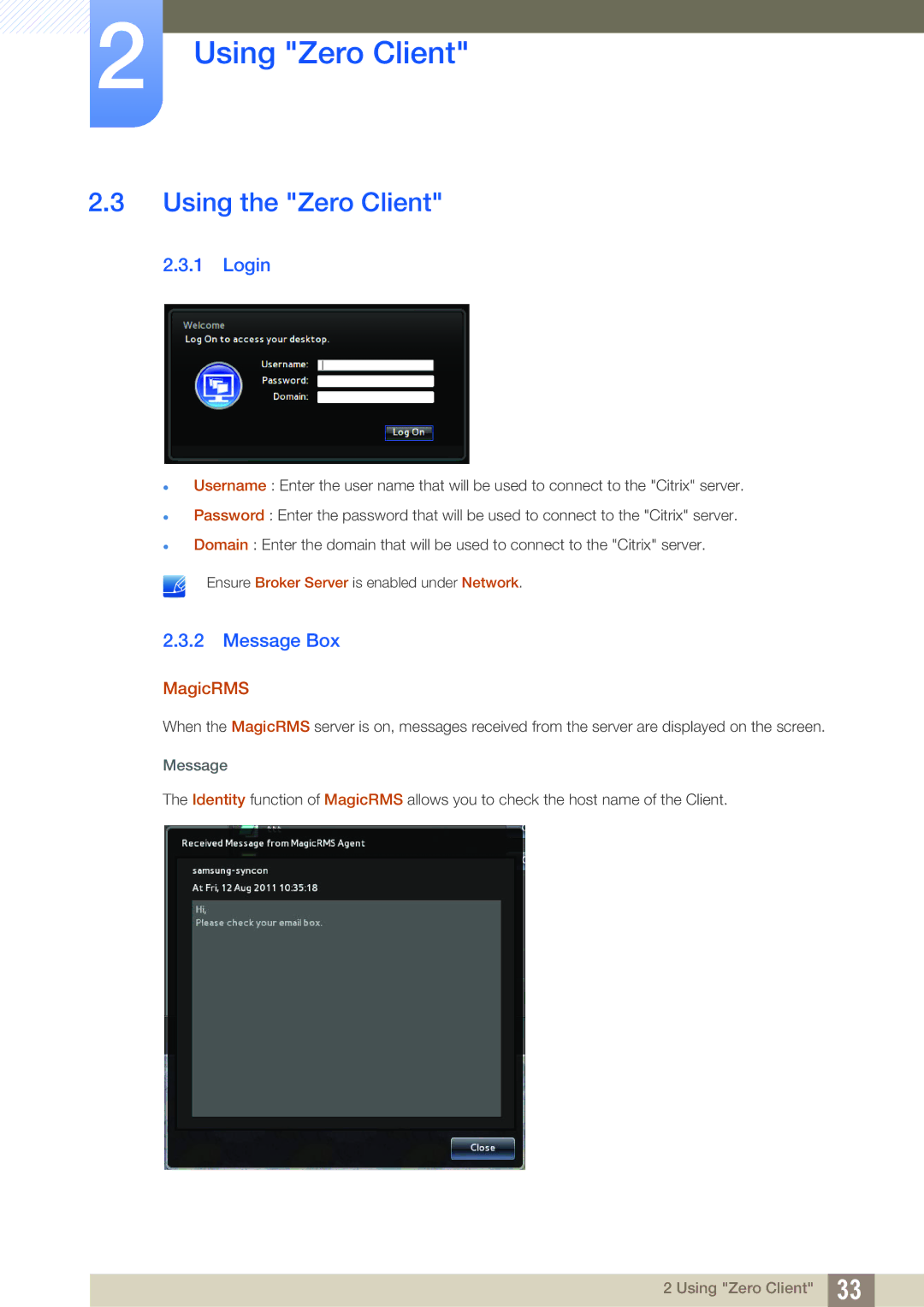 Samsung LF19TSCTBAN/NG, LF19TSCTBAN/EN, LF24TSCTBAN/EN, LF22TSCTBAN/EN Using the Zero Client, Login, Message Box, MagicRMS 