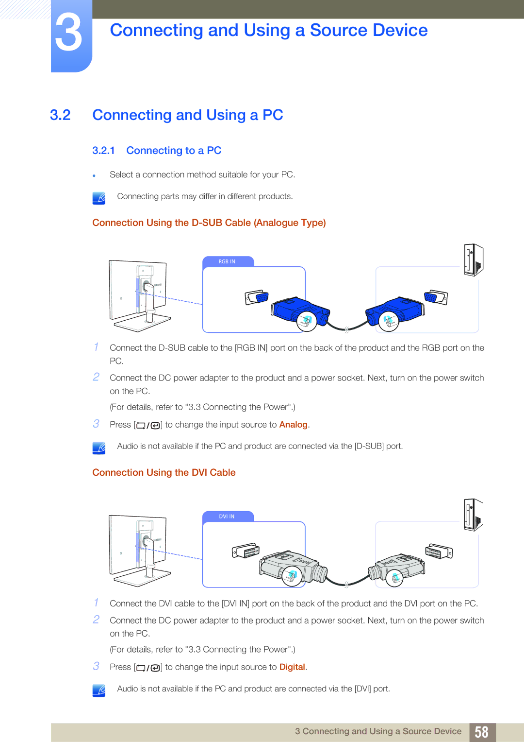 Samsung LF22TSCTBAN/EN manual Connecting and Using a PC, Connecting to a PC, Connection Using the D-SUB Cable Analogue Type 