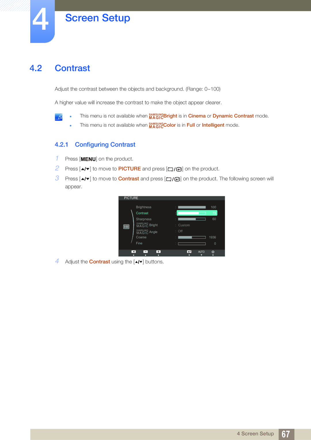 Samsung LF24TSCTBAN/XJ, LF19TSCTBAN/EN, LF24TSCTBAN/EN, LF22TSCTBAN/EN, LF19TSCTBAN/XJ manual Configuring Contrast 