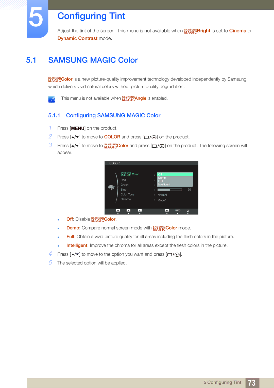 Samsung LF19TSCTBAN/XJ, LF19TSCTBAN/EN, LF24TSCTBAN/EN, LF22TSCTBAN/EN Configuring Tint, Configuring Samsung Magic Color 