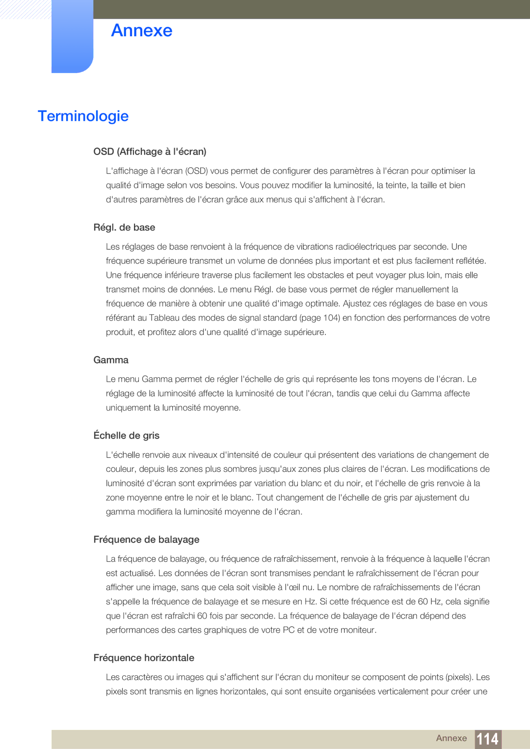 Samsung LF19TSCTBAN/EN, LF24TSCTBAN/EN, LF22TSCTBAN/EN manual Terminologie, OSD Affichage à lécran 