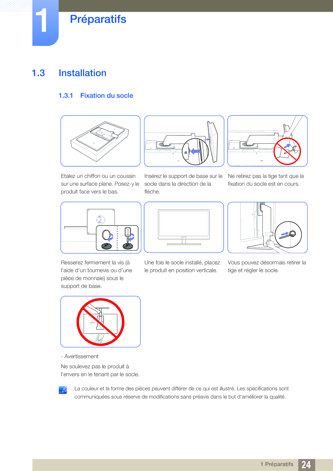 Samsung LF19TSCTBAN/EN, LF24TSCTBAN/EN, LF22TSCTBAN/EN manual Installation, Fixation du socle 