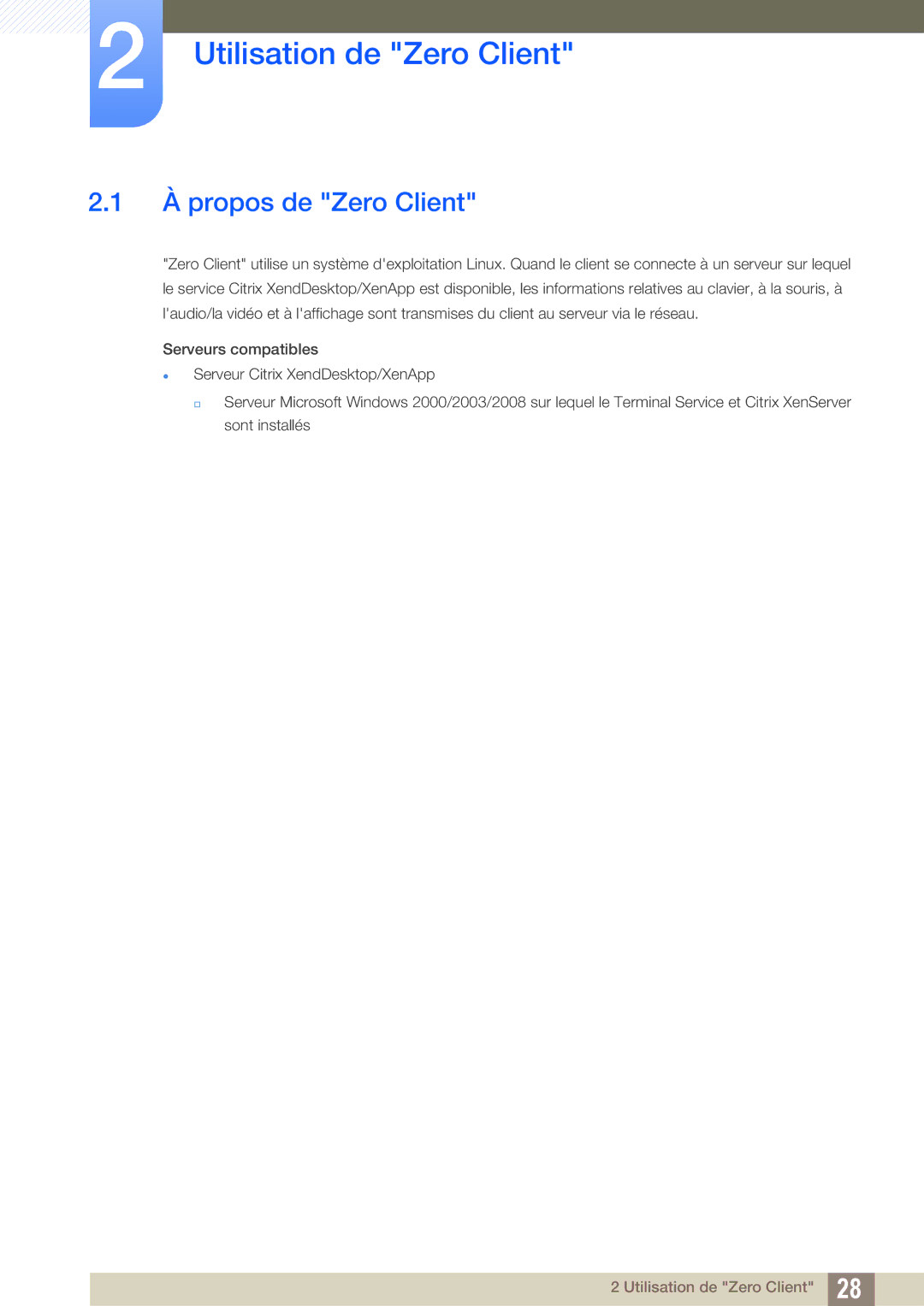 Samsung LF24TSCTBAN/EN, LF19TSCTBAN/EN, LF22TSCTBAN/EN manual Utilisation de Zero Client, À propos de Zero Client 