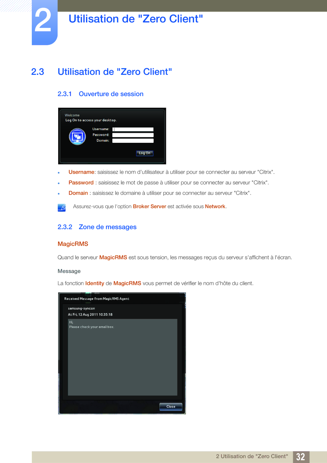Samsung LF22TSCTBAN/EN, LF19TSCTBAN/EN manual Utilisation de Zero Client, Ouverture de session, Zone de messages, MagicRMS 