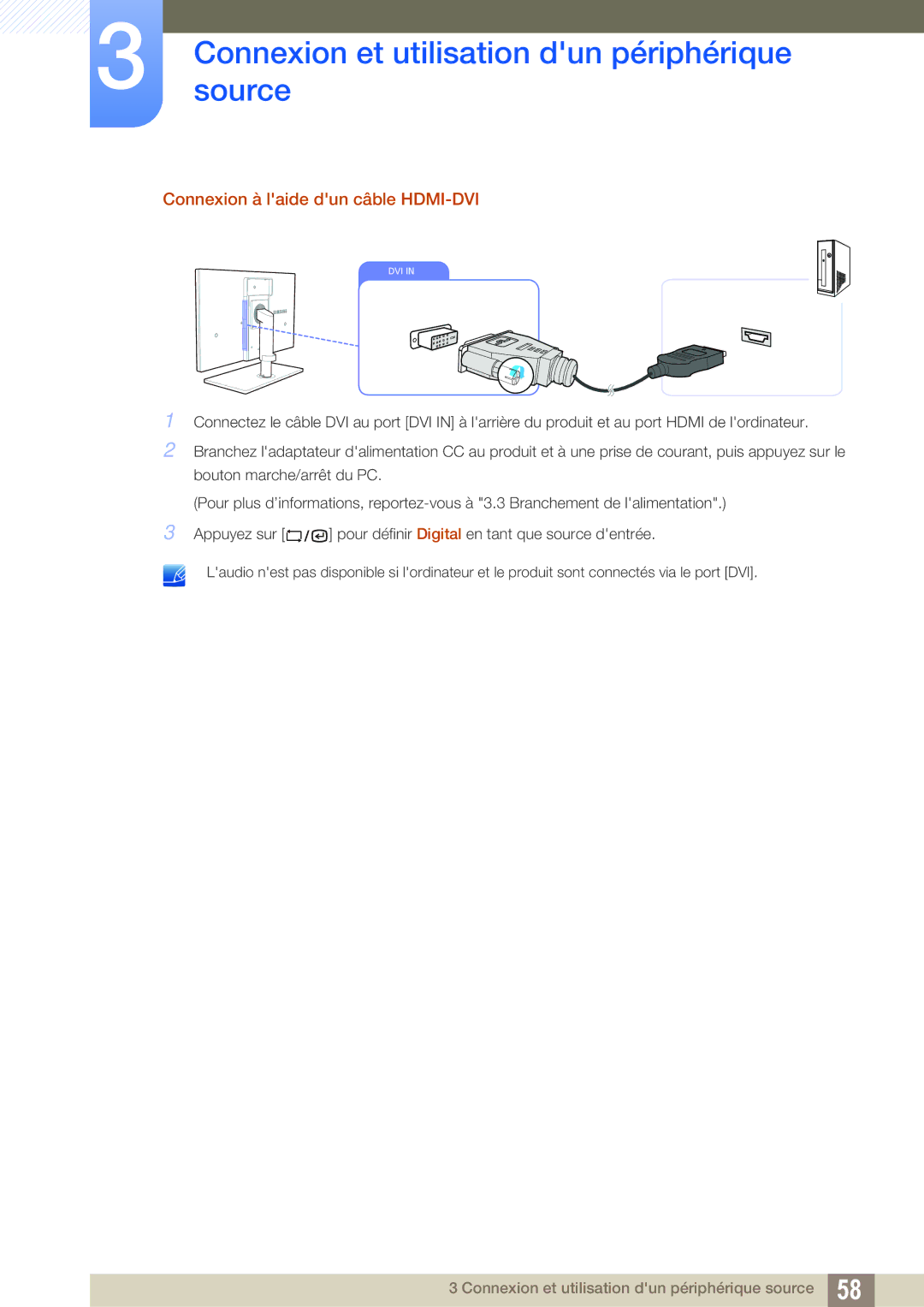 Samsung LF24TSCTBAN/EN, LF19TSCTBAN/EN, LF22TSCTBAN/EN manual Connexion à laide dun câble HDMI-DVI 