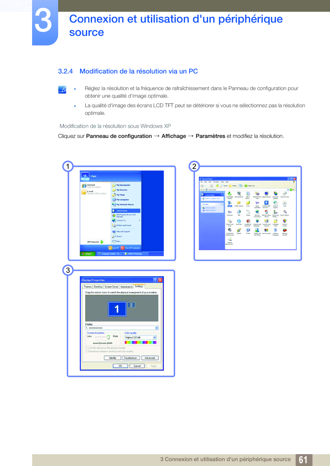 Samsung LF24TSCTBAN/EN manual Modification de la résolution via un PC, Modification de la résolution sous Windows XP 