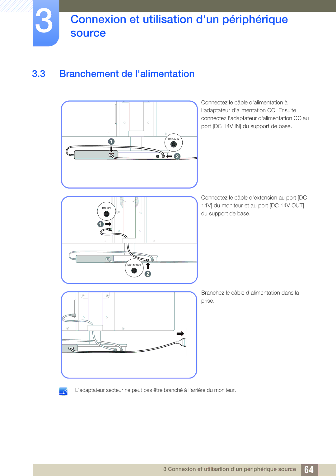 Samsung LF24TSCTBAN/EN, LF19TSCTBAN/EN, LF22TSCTBAN/EN manual Branchement de lalimentation 