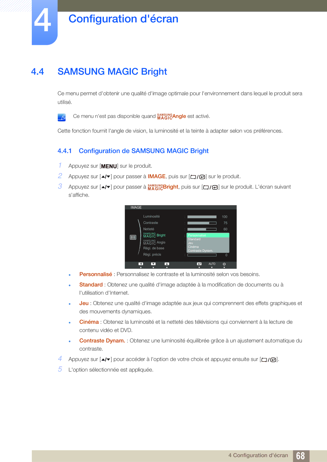 Samsung LF22TSCTBAN/EN, LF19TSCTBAN/EN, LF24TSCTBAN/EN manual Configuration de Samsung Magic Bright 