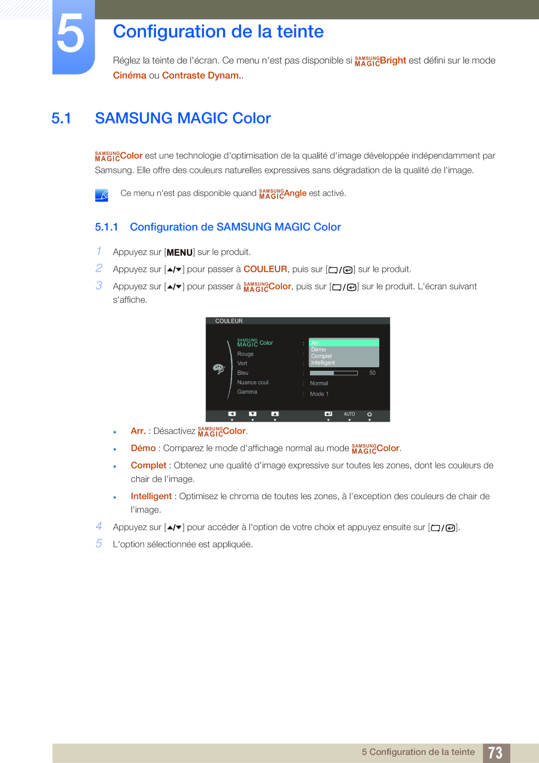 Samsung LF24TSCTBAN/EN, LF19TSCTBAN/EN, LF22TSCTBAN/EN Configuration de la teinte, Configuration de Samsung Magic Color 