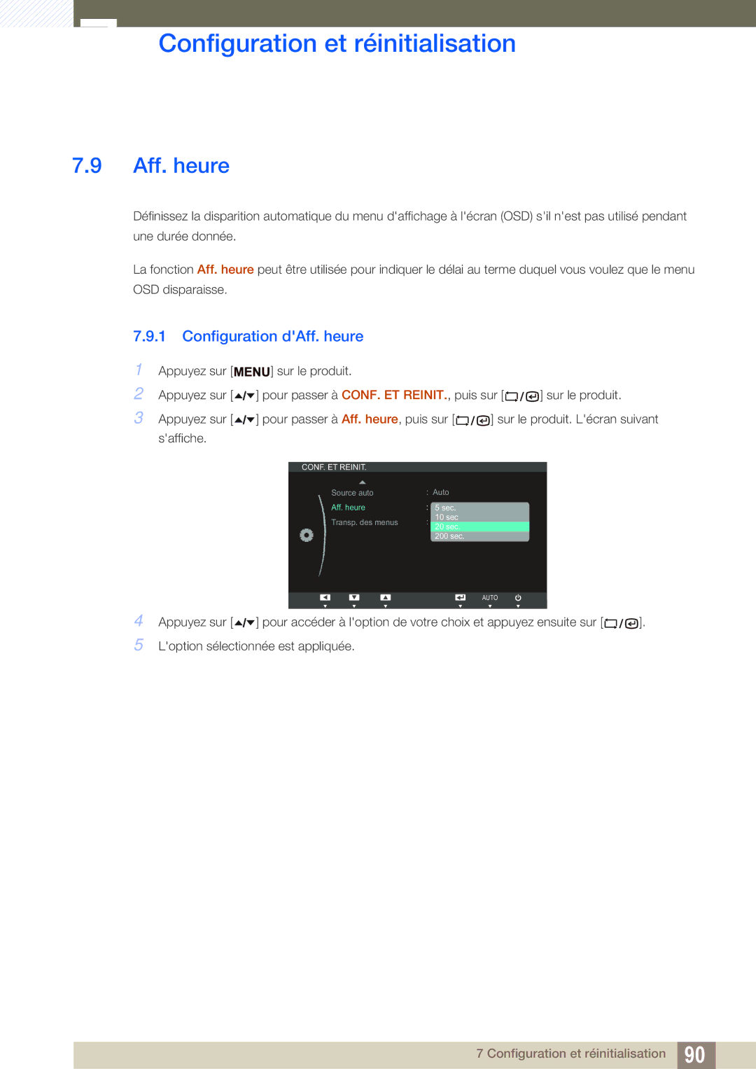 Samsung LF19TSCTBAN/EN, LF24TSCTBAN/EN, LF22TSCTBAN/EN manual Configuration dAff. heure 