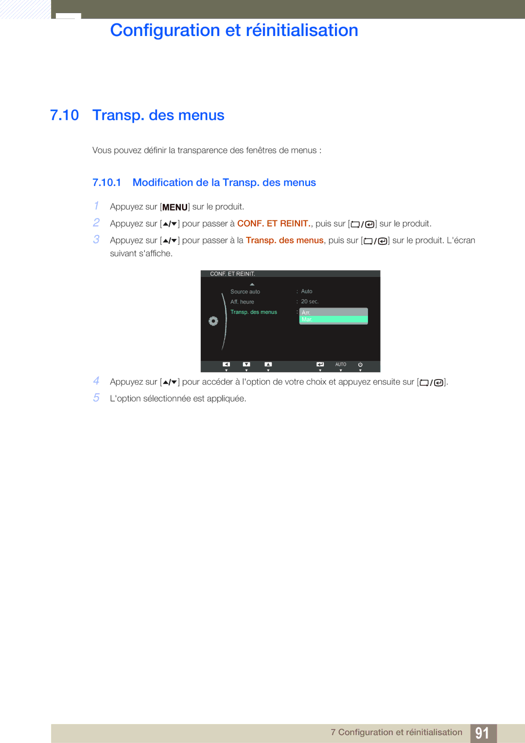 Samsung LF24TSCTBAN/EN, LF19TSCTBAN/EN, LF22TSCTBAN/EN manual Modification de la Transp. des menus 