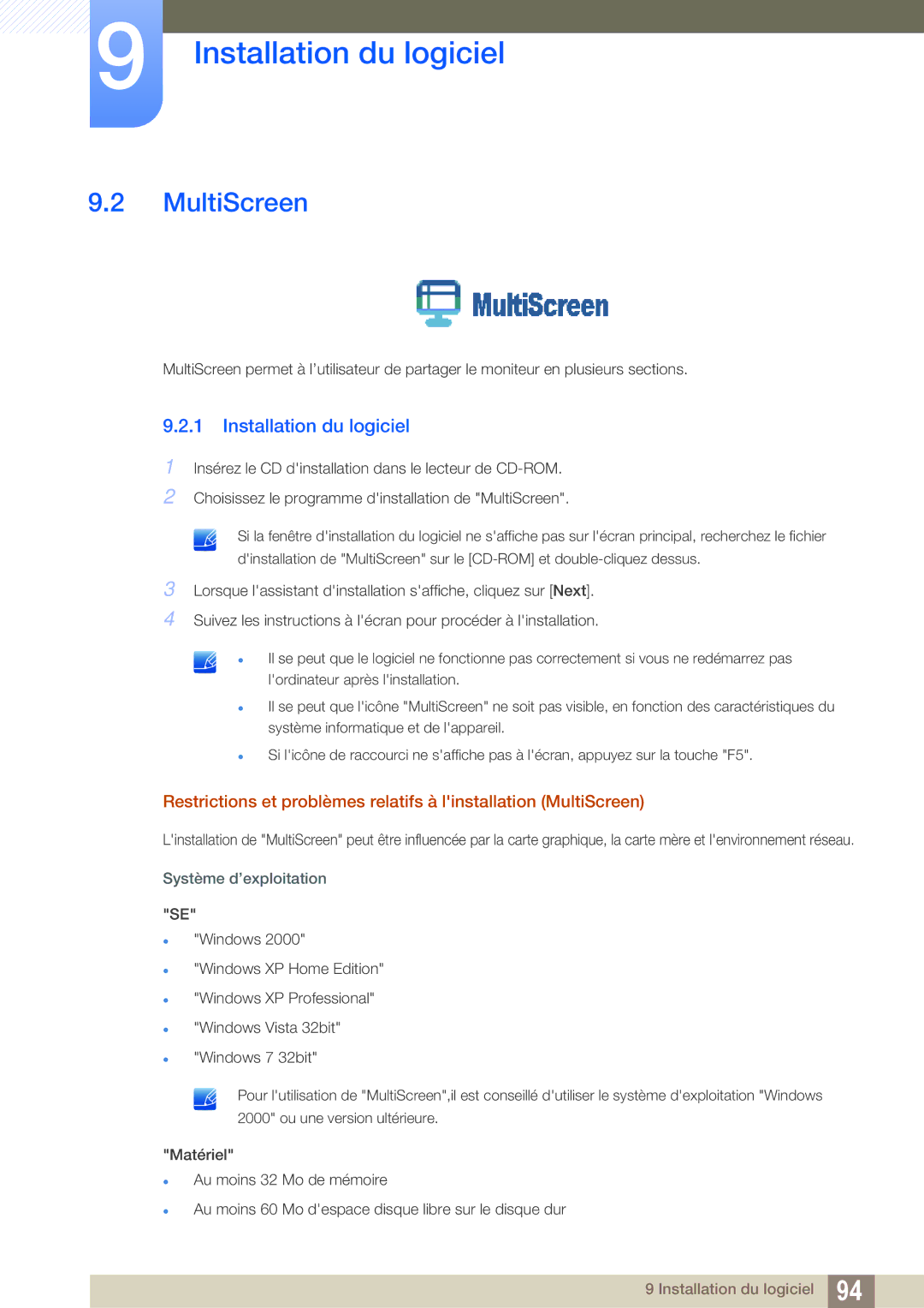 Samsung LF24TSCTBAN/EN, LF19TSCTBAN/EN, LF22TSCTBAN/EN manual MultiScreen, Installation du logiciel, Système d’exploitation 