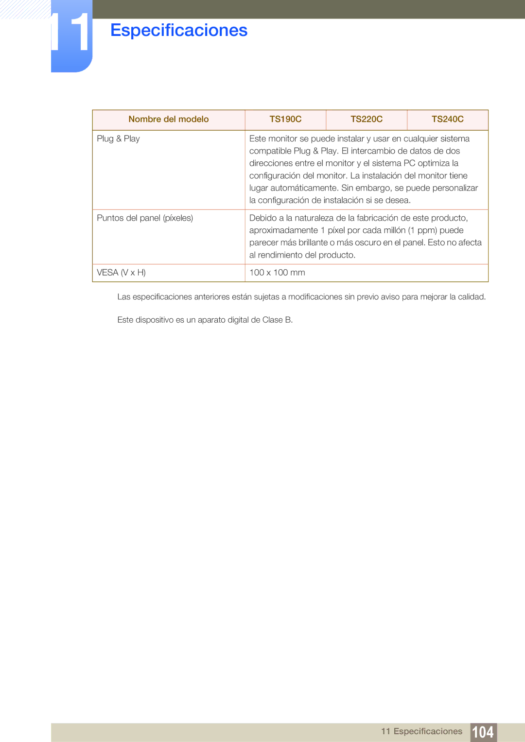 Samsung LF22TSCTBAN/EN, LF19TSCTBAN/EN, LF24TSCTBAN/EN manual Especificaciones 