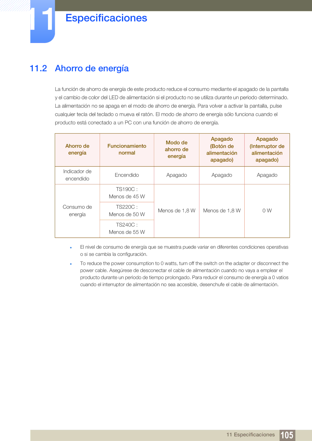 Samsung LF19TSCTBAN/EN, LF24TSCTBAN/EN, LF22TSCTBAN/EN manual Ahorro de energía 