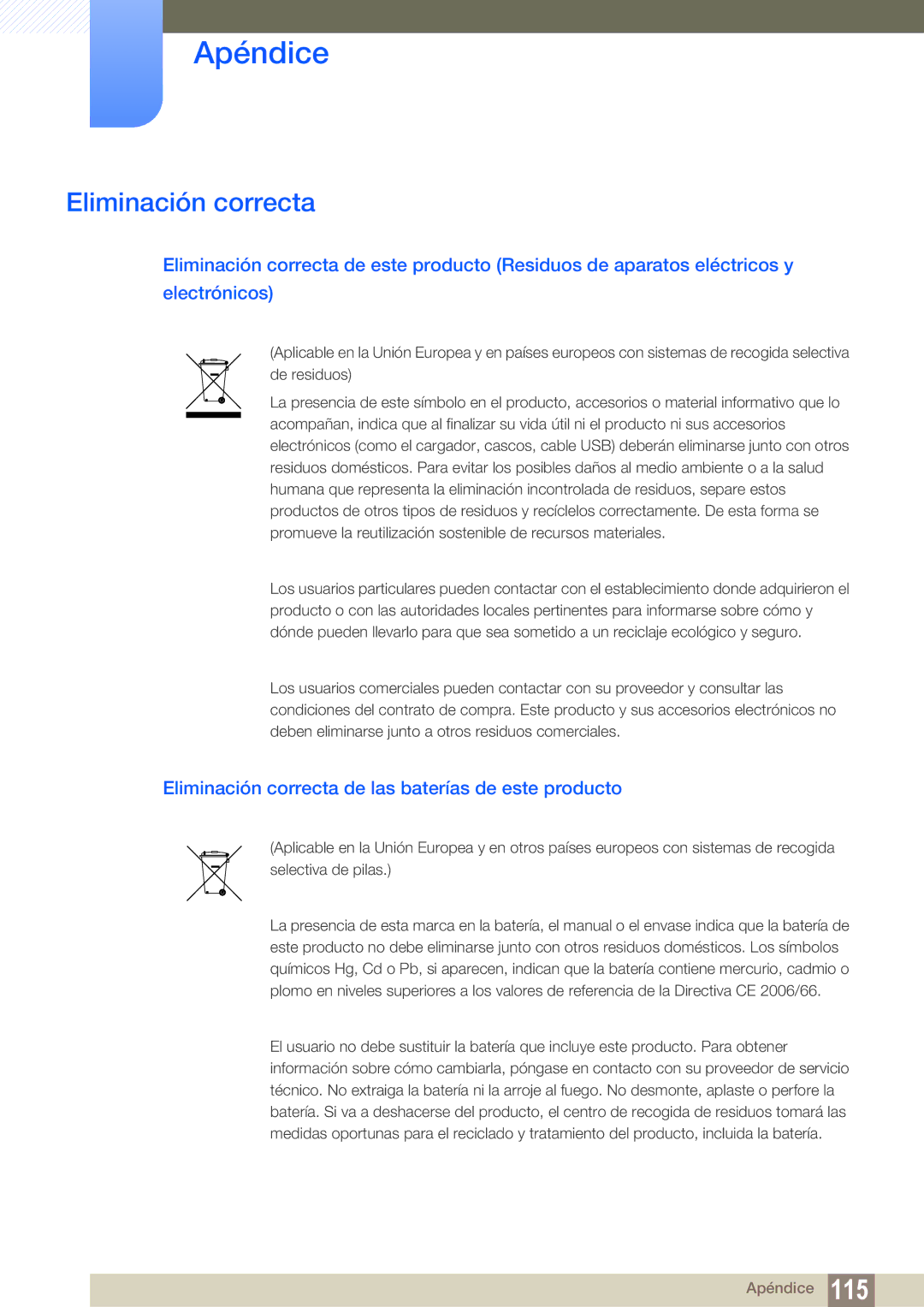 Samsung LF24TSCTBAN/EN, LF19TSCTBAN/EN, LF22TSCTBAN/EN manual Eliminación correcta de las baterías de este producto 