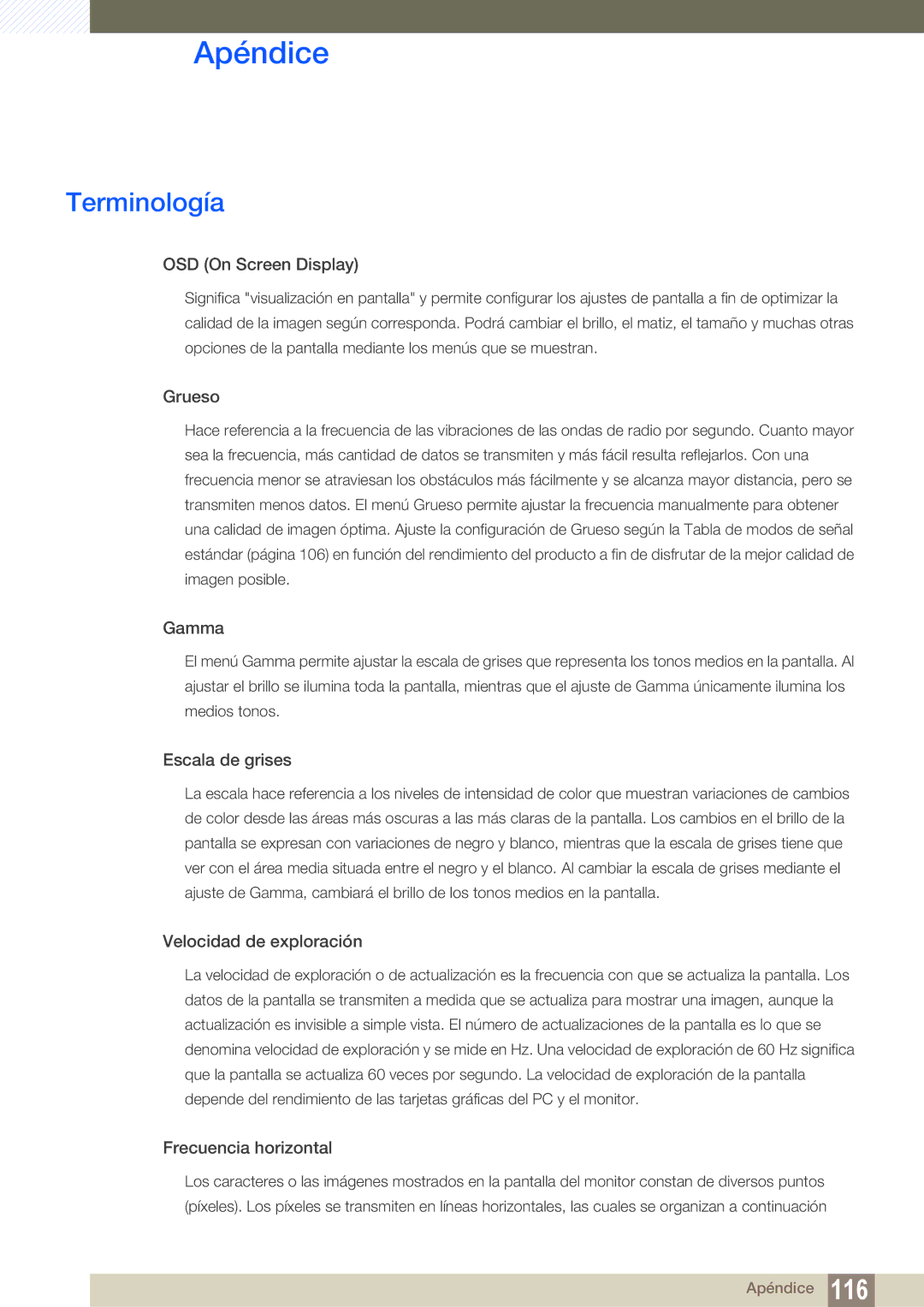 Samsung LF22TSCTBAN/EN, LF19TSCTBAN/EN, LF24TSCTBAN/EN manual Terminología, OSD On Screen Display 