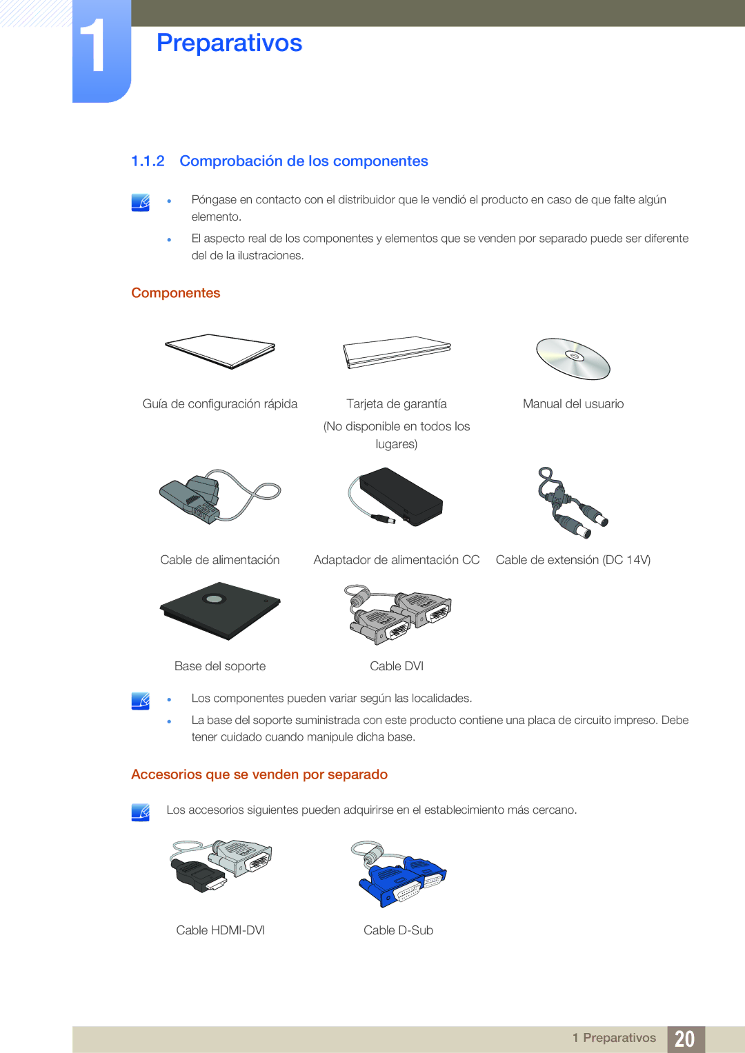 Samsung LF22TSCTBAN/EN, LF19TSCTBAN/EN Comprobación de los componentes, Componentes, Accesorios que se venden por separado 