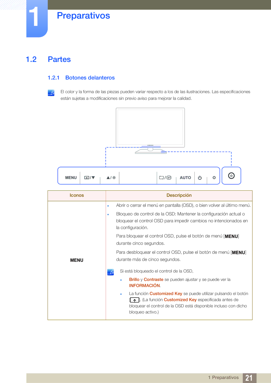 Samsung LF19TSCTBAN/EN, LF24TSCTBAN/EN, LF22TSCTBAN/EN manual Partes, Botones delanteros 