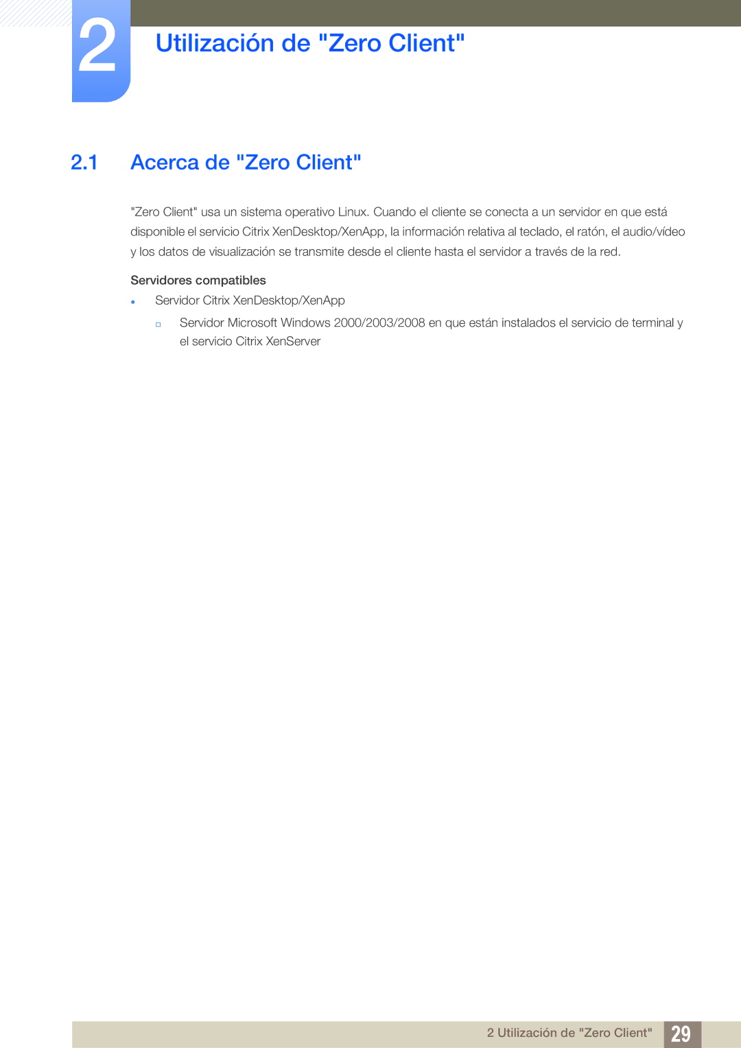 Samsung LF22TSCTBAN/EN, LF19TSCTBAN/EN, LF24TSCTBAN/EN manual Utilización de Zero Client, Acerca de Zero Client 