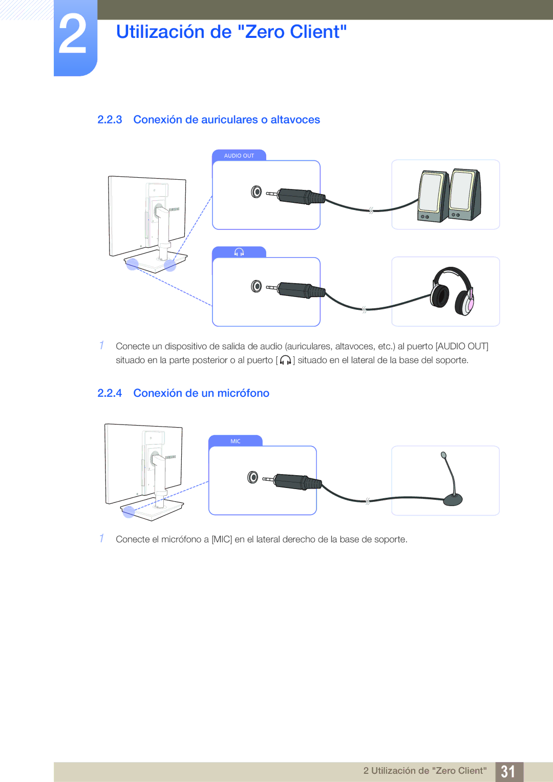 Samsung LF24TSCTBAN/EN, LF19TSCTBAN/EN, LF22TSCTBAN/EN manual Conexión de auriculares o altavoces, Conexión de un micrófono 