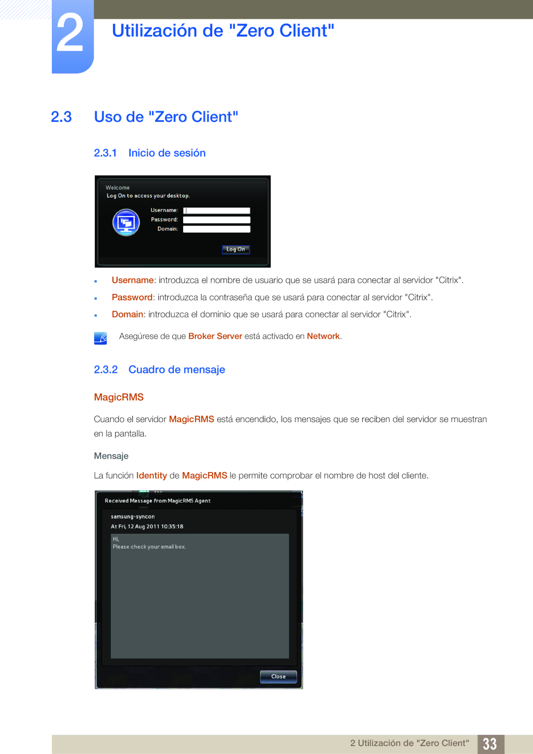 Samsung LF19TSCTBAN/EN, LF24TSCTBAN/EN, LF22TSCTBAN/EN Uso de Zero Client, Inicio de sesión, Cuadro de mensaje, MagicRMS 