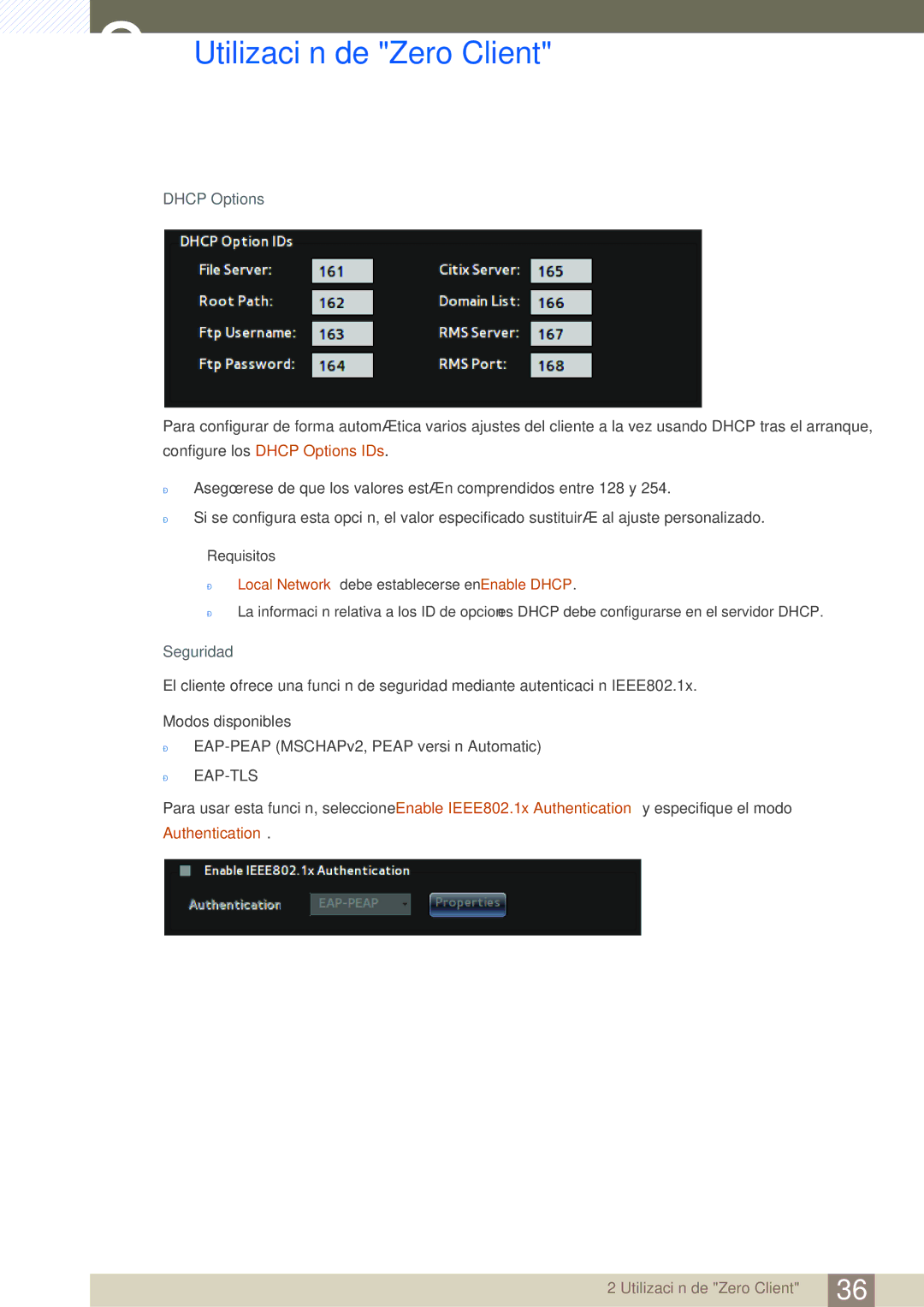 Samsung LF19TSCTBAN/EN, LF24TSCTBAN/EN, LF22TSCTBAN/EN manual Dhcp Options, Local Network debe establecerse en Enable Dhcp 