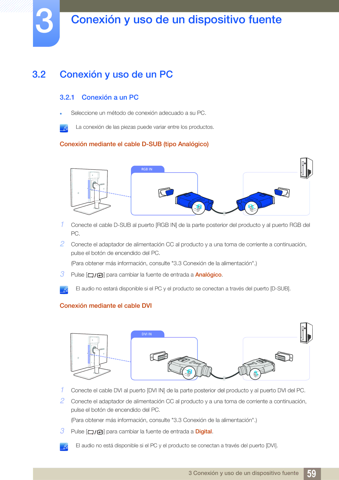 Samsung LF22TSCTBAN/EN manual Conexión y uso de un PC, Conexión a un PC, Conexión mediante el cable D-SUB tipo Analógico 