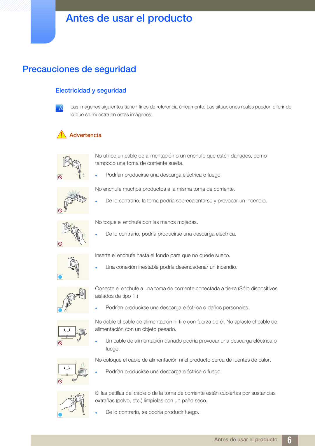 Samsung LF19TSCTBAN/EN, LF24TSCTBAN/EN, LF22TSCTBAN/EN Precauciones de seguridad, Electricidad y seguridad, Advertencia 