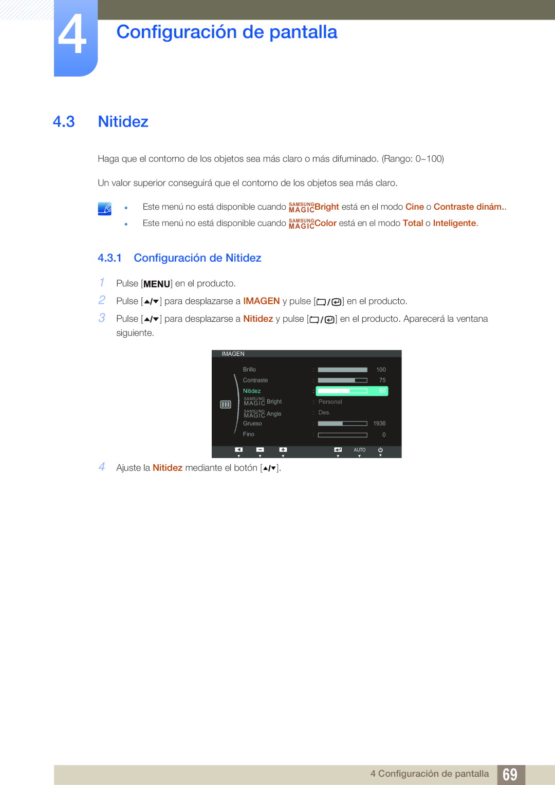 Samsung LF19TSCTBAN/EN, LF24TSCTBAN/EN, LF22TSCTBAN/EN manual Configuración de Nitidez 